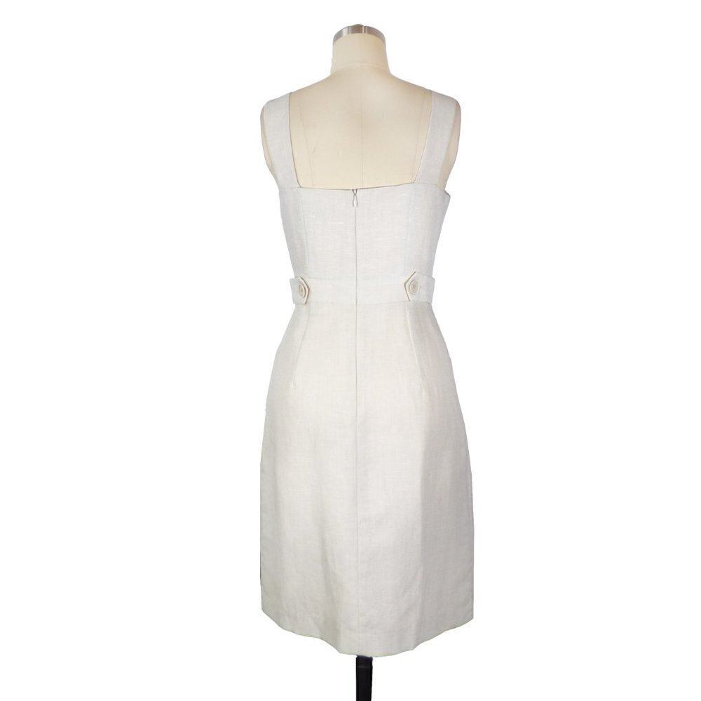 Burlapp Ruffle Sheath Linen Dress Cream Sz Small Asymmetrical Neck Pockets Zip - Picture 2 of 9